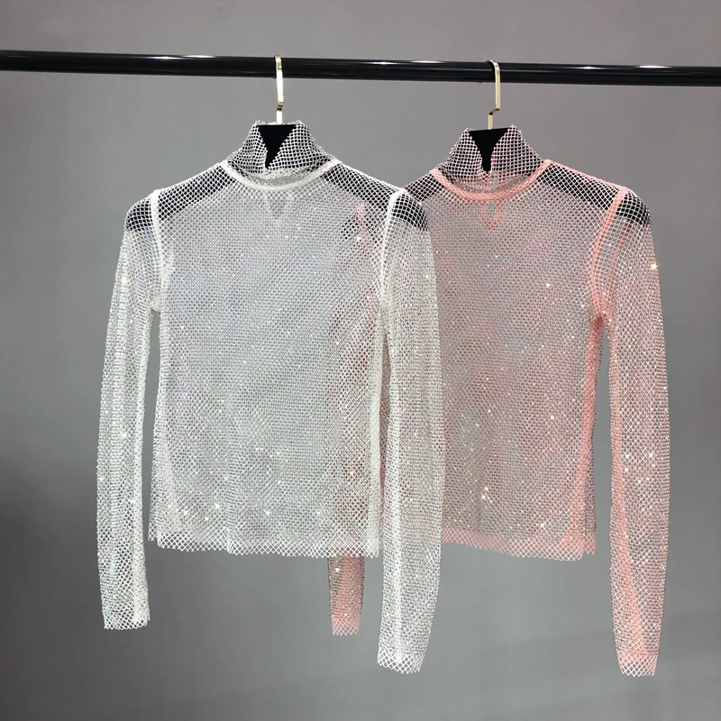 Glittering Mesh Diamond HollowOut Jacket Sexy Long-Sleeved Turtleneck Cultivate one\'s Morality Shirt  Party  Women