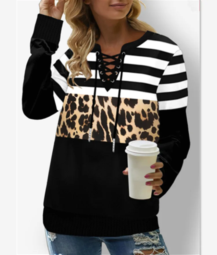 

Ladies pullover top leopard print pullover sweatshirt autumn ladies V-neck irregular color block leopard print pullover 2022