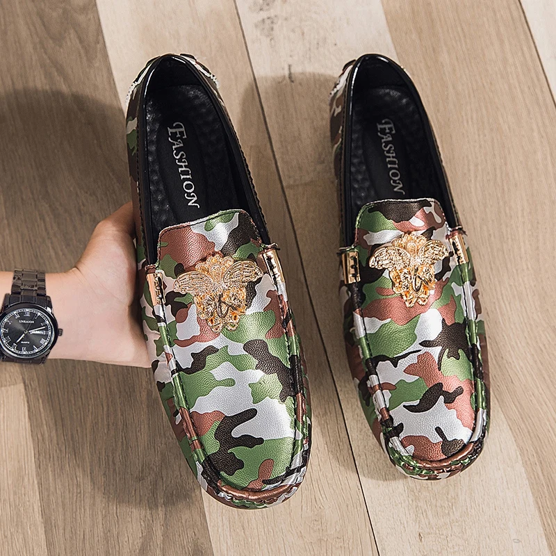 Designer Men’s Flats Women Moccasins Plus Size 36~48 Men Camouflage Peas Loafers High Quality Leather Male Driving Casual Shoes