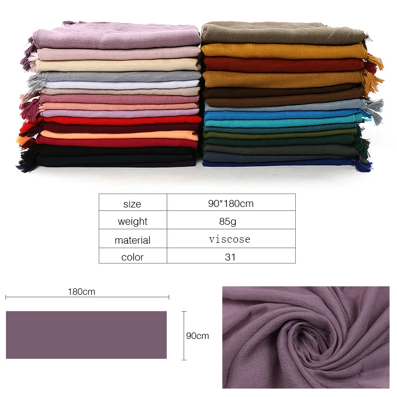 31 Colors Plain Solid Tassel Viscose Shawl Scarf Lady High Quality Shawls and Wraps Pashmina Stole Bufanda Muslim Hijab 180*90Cm