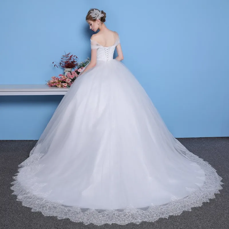 2022 hochzeit Kleid Weg Von Der Schulter Vestido De Noiva Brautkleid Zug Braut Tüll Mariage Klar Lager Größe 6