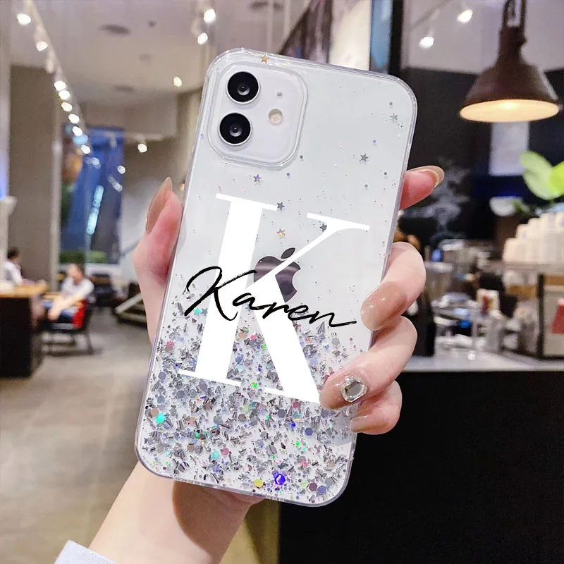 ปรับแต่ง Monogram ชื่อเริ่มต้น Glitter สำหรับ iPhone 14 13 12 11 Pro Max 8 Plus XR XS Max luxury Clear Personalisa ฝาครอบ