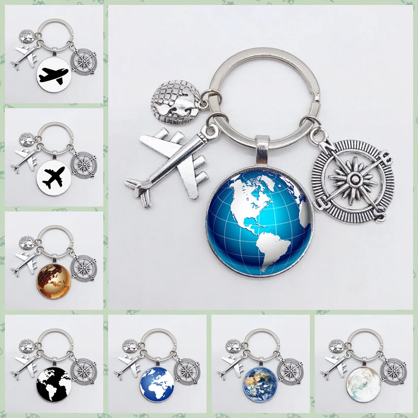 Earth plane keychain pendant earth compass personality memorial key ring gift for travel lovers