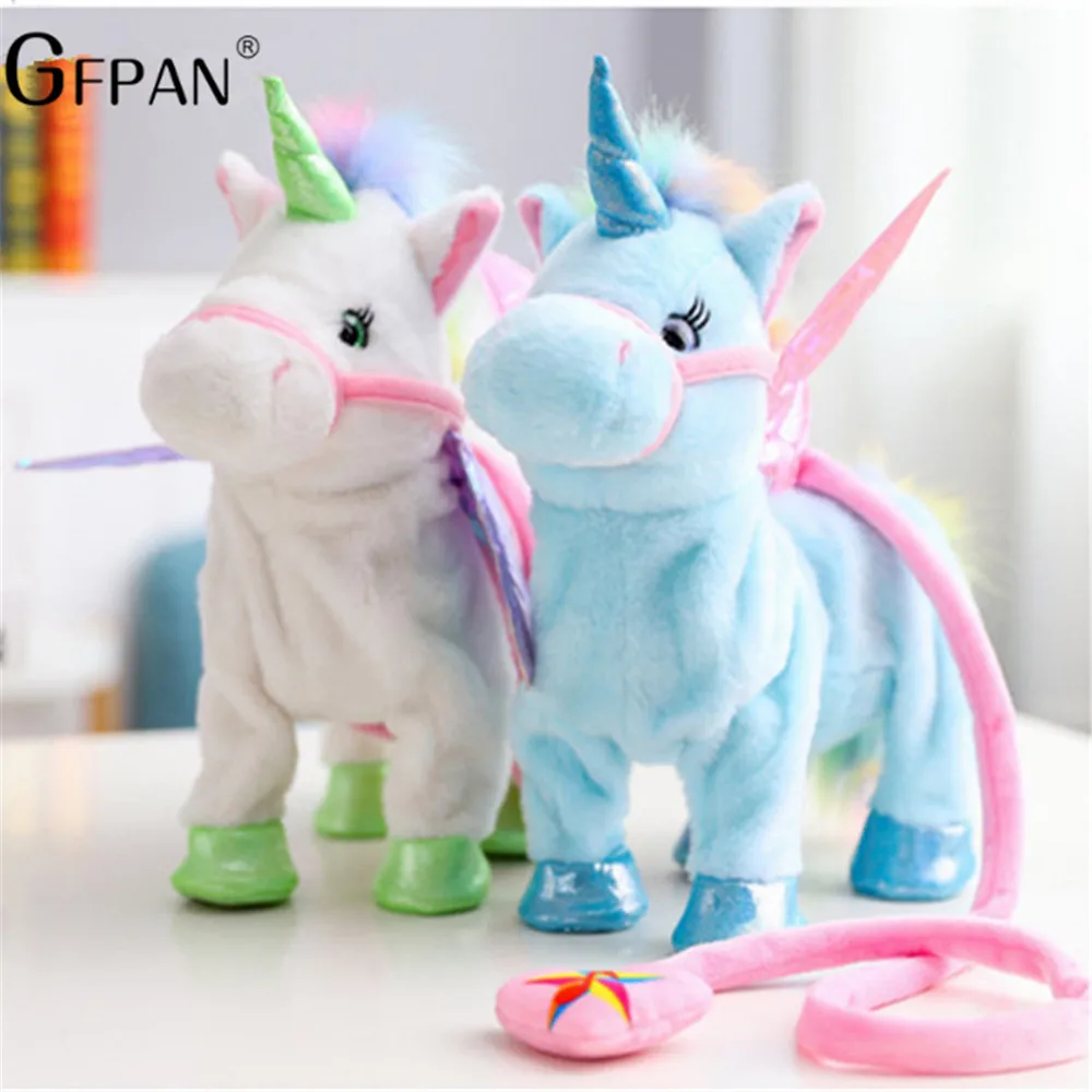 Juguete caliente 1pc eléctrica caminar Peluche de unicornio de juguete Animal relleno juguete de música electrónica de juguete para niños regalos de navidad