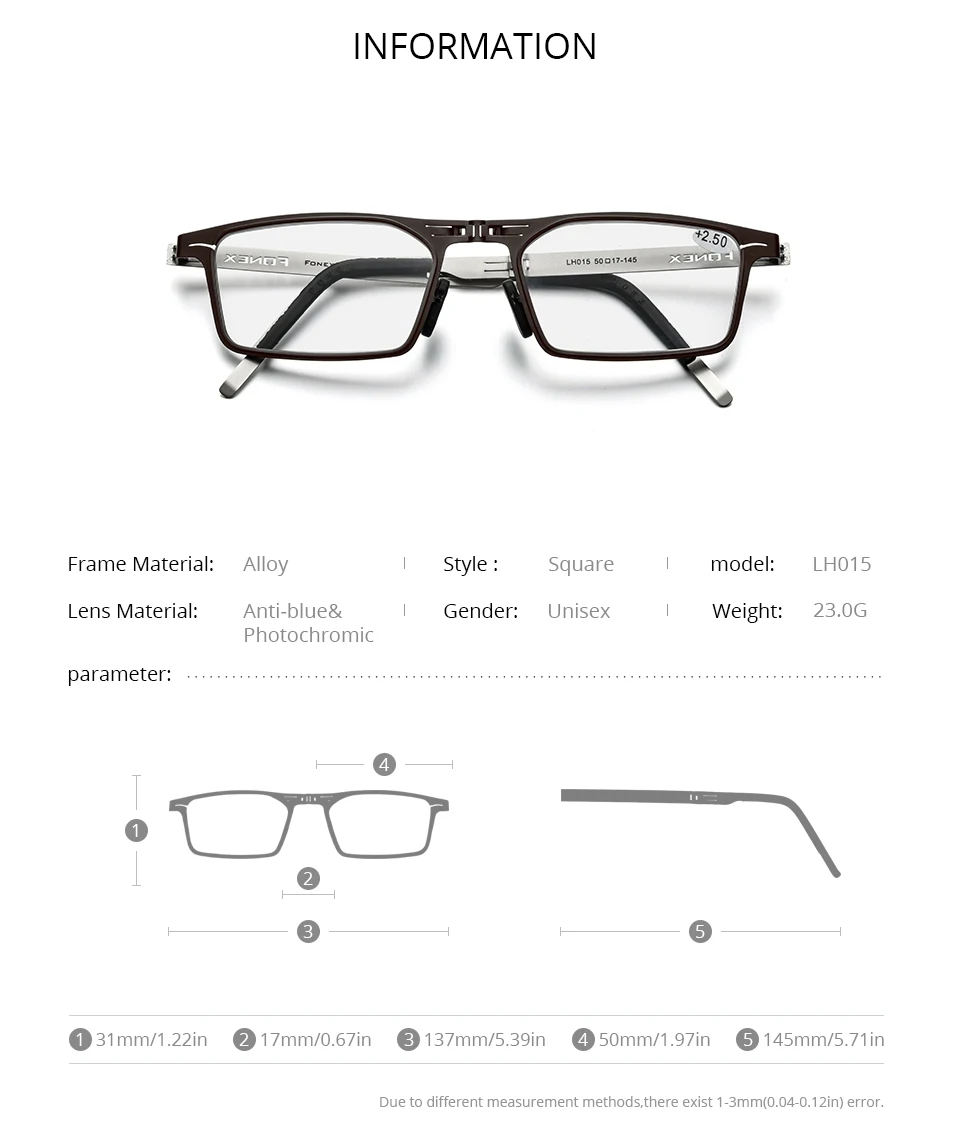 FONEX Photochrome Grau Anti Blau Blocking Folding Lesebrille Männer Frauen 2021 Hyperopie Leser Schraubenlose Brillen LH015 – Detail 7