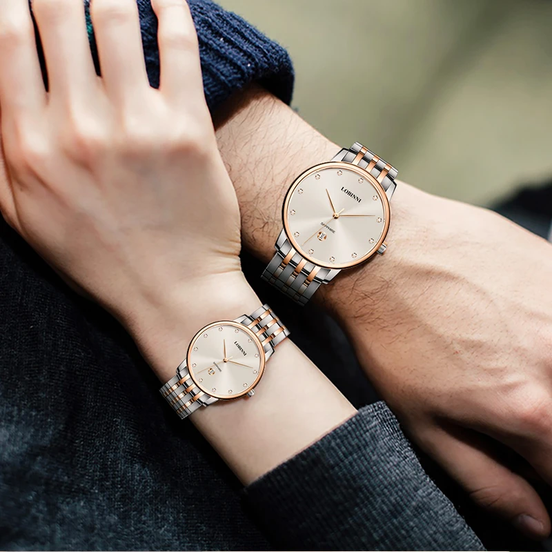LOBINNI, caja dorada de acero inoxidable, cristal de zafiro, reloj resistente al agua, par de relojes para parejas, relojes de cuarzo MIYOTA para hombres y mujeres