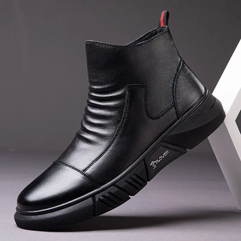 2020 Winter New Boots Male British Style Korean Tooling Trendy Shoes Plus Velvet Warm Cotton Shoes Middle Cut Men\'s Boots