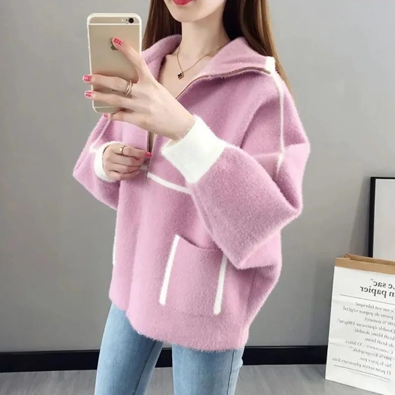 2022 Autumn Winter New Women\'s Short Coat Mink fleece Sweater Cardigan Women Korean Zipper Knitted Jacket Overcoat Abrigo Mujer