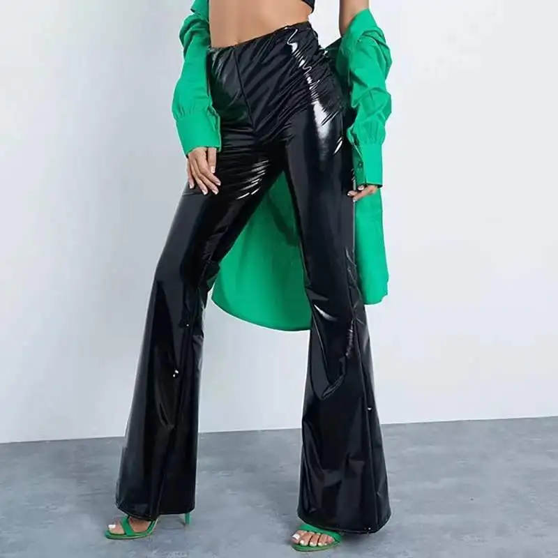 High Waist Faux Latex Leather Flare Pants Women Slim Patent Leather Bell-bottom Pants Ladies Vintage PU Trousers Clubwear Custom