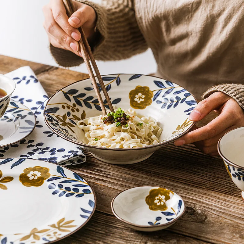 LingAo Ceramic Western Plate, Salad Bowl, Soup Bowl, Coffee Cup Bowl, Yellow Flower Series Tableware