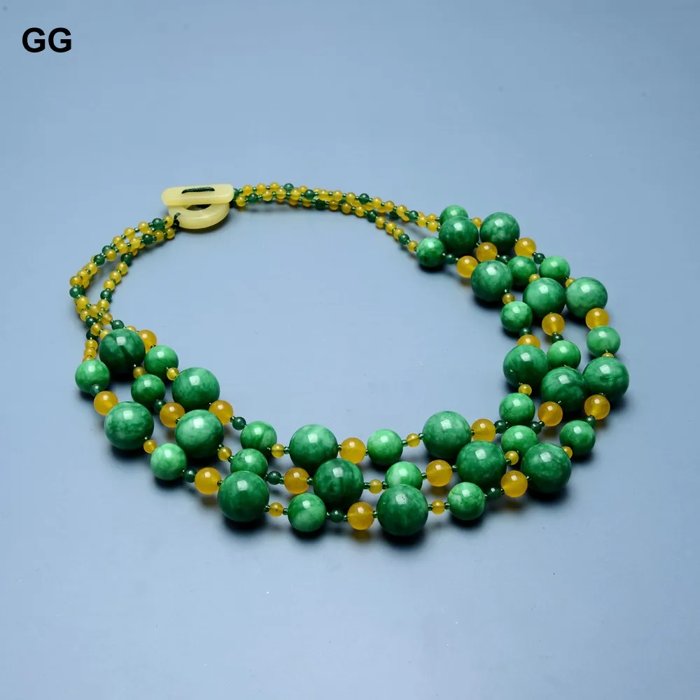 GuaiGuai Jewelry Yellow Green Jades Necklace Multi strands Round Jade Chokers Necklace 21'' For Women