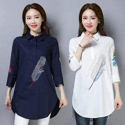 100% Cotton Plus size Feather Embroidery White Long Blouse Women 3/4 Sleeve Art Loose Ladies Office Work Tops Button Down Shirts