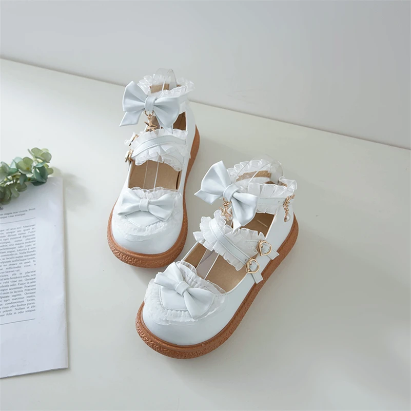 FOREADA Woman Lolita Style Shoes Flat Ankle Style Shoes Bow Round Toe Buckle Ladies Footwear Kawii Princess Flats Spring 34-43