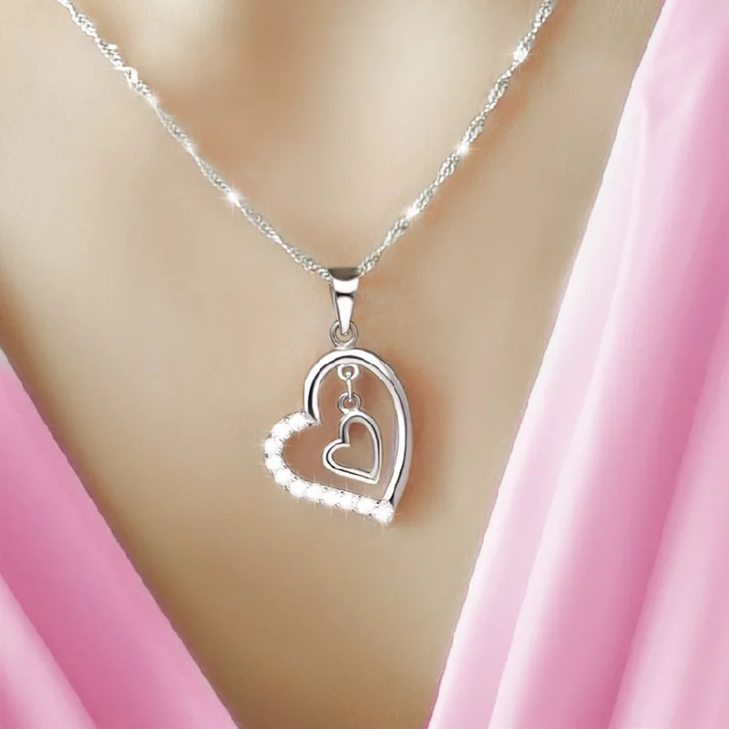 TKJ Fashion Lovers Double Heart Pendant Necklace Jewelry Best Wedding Gift 925 Silver Jewelry Women Girls Free Shipping