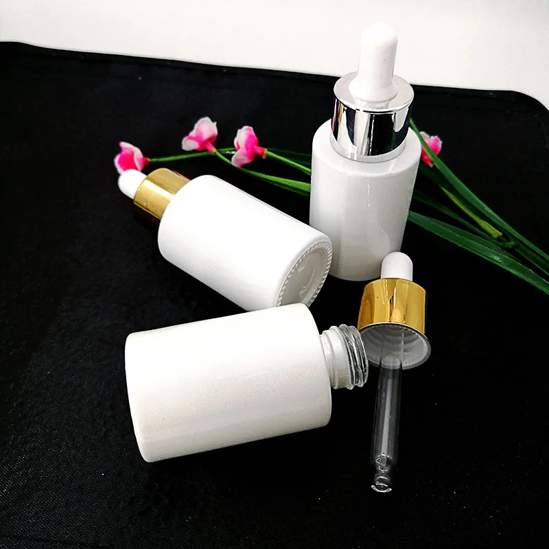 30ml Pearlescent white glass flat shoulder dropper bottle empty cosmetics golden silver lid essential oil packaging container