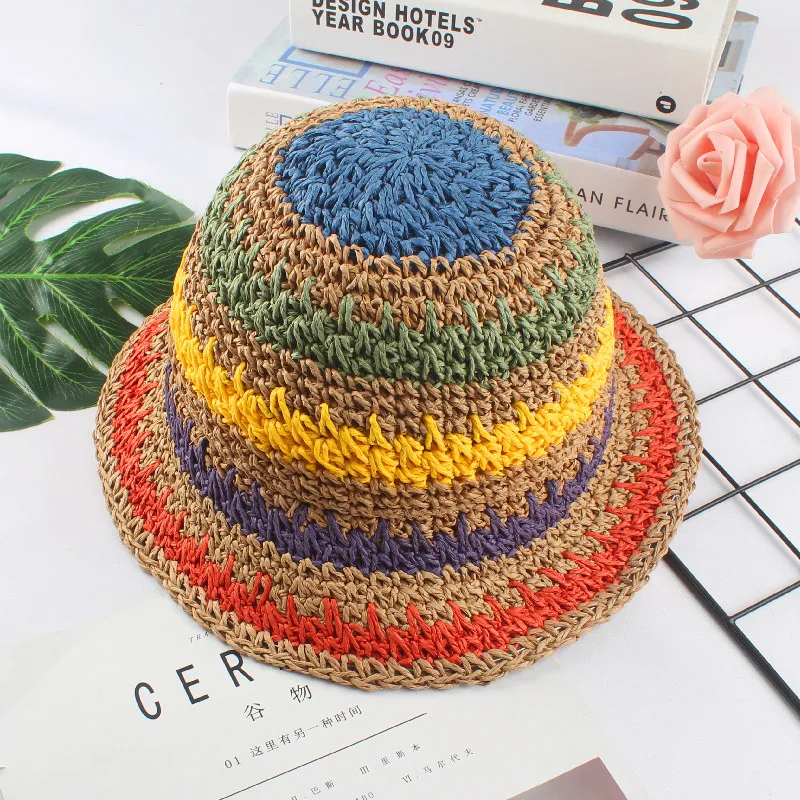 2020 summer Women's bucket hat Straw made rainbow Crochet foldable parent-child Panama hat children female beach sun visor Cap