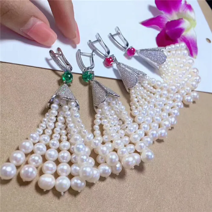 1pairs Natural freshwater pearl tassel pave Cap Leverback Earrings