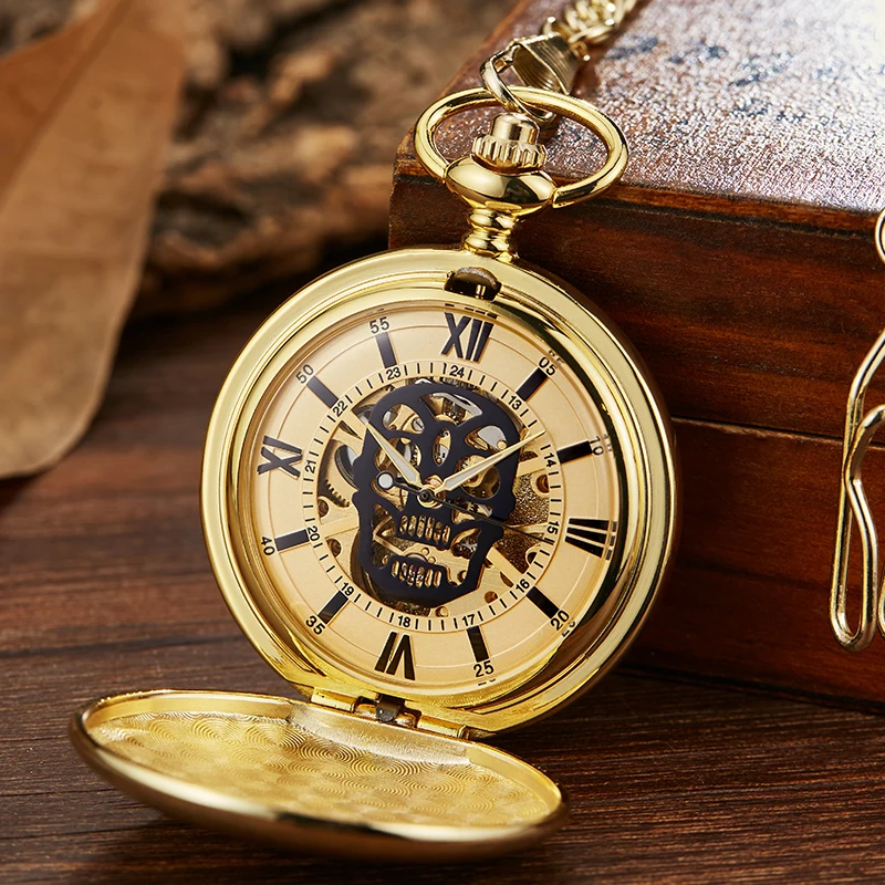 Smooth Gold Case Skull Roman Numerals Dial Mechanical Pocket Watch Luxury Golden Fob Chain Collection Clock for Men Dropshipping