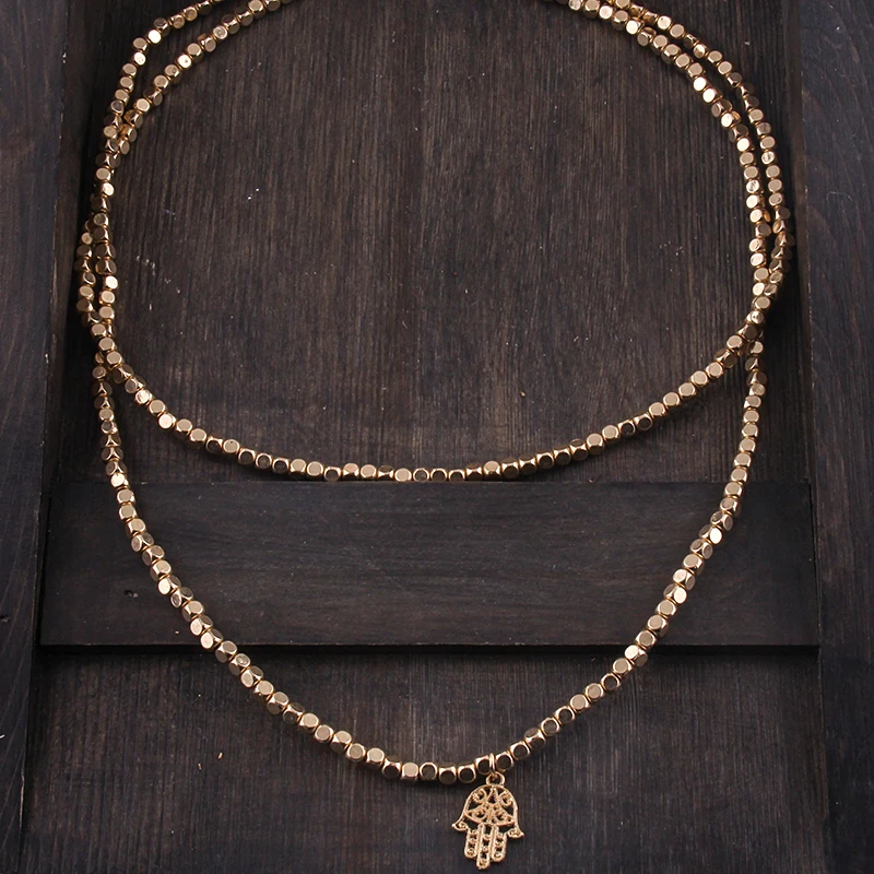 Fashion Bohemian Tribal Long Jewelry Square Beads long Halsband with Hamsa Hand Charm Necklace & Bracelet
