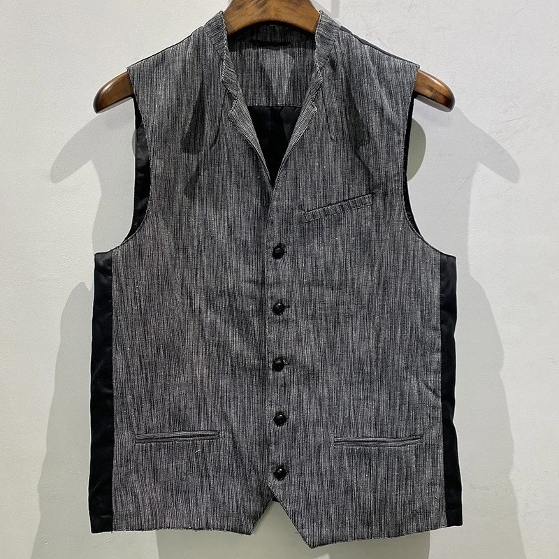 

2022 New Mens Turn-Down Collar Single Breasted Korean Style Vintage Slim Stripe Spliced Sleeveless Fashion Casual Vest Jackets