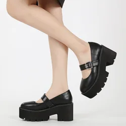 Zapatos de tacón alto para niña y mujer, calzado de tacón clásico de plataforma con hebilla, estilo Lolita, color negro, para primavera