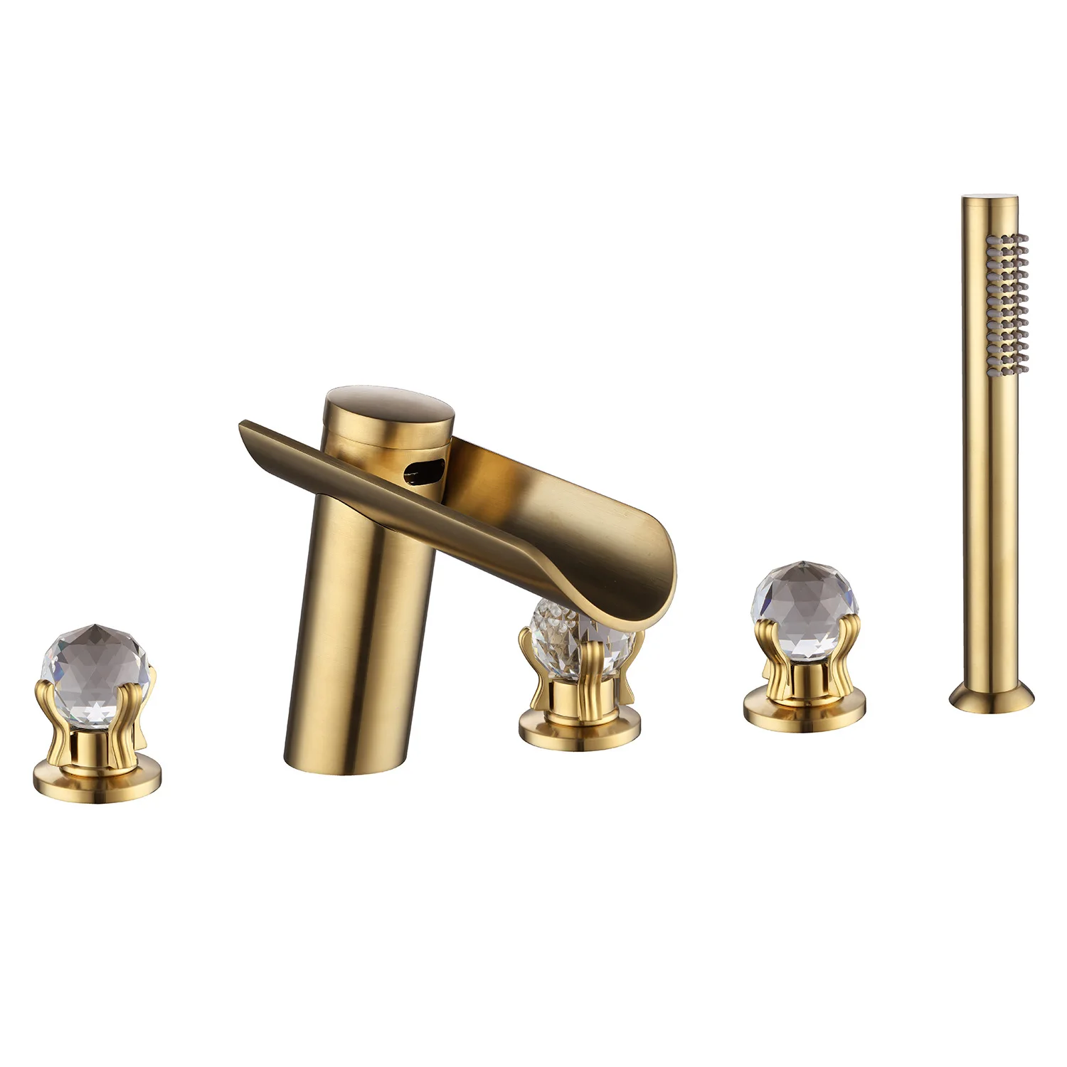 Top Quality Luxury Brushed gold Brass Crystal 5 Holes Bathroom Shower faucet set Waterfall Unique design Bathtub faucet set