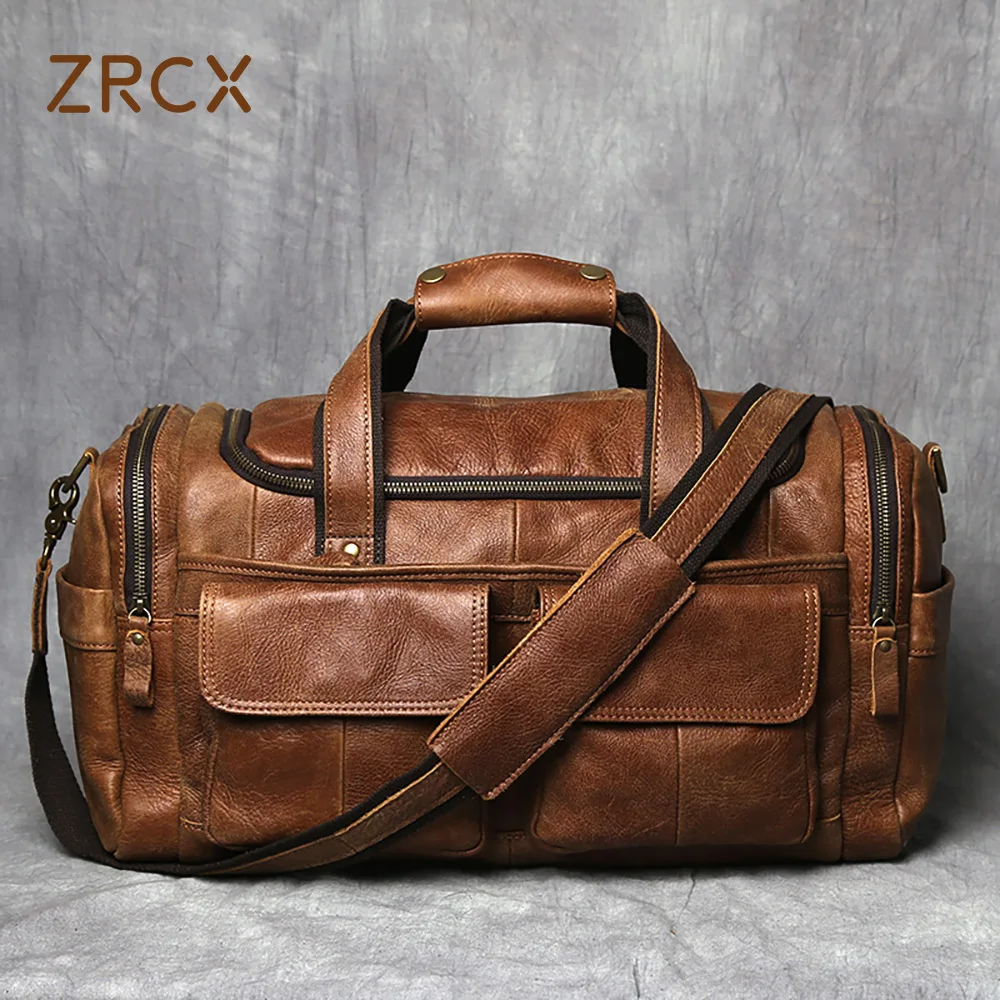 ZRCX Vintage Men\'s Hand Luggage Bag Travel Bag Genuine Leather Large Capacity Single Shoulder Messenger For 14 Inch Laptop