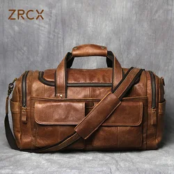 ZRCX Vintage Men's Hand Luggage Bag Travel Bag Genuine Leather Large Capacity Single Shoulder Messenger For 14 Inch Laptop