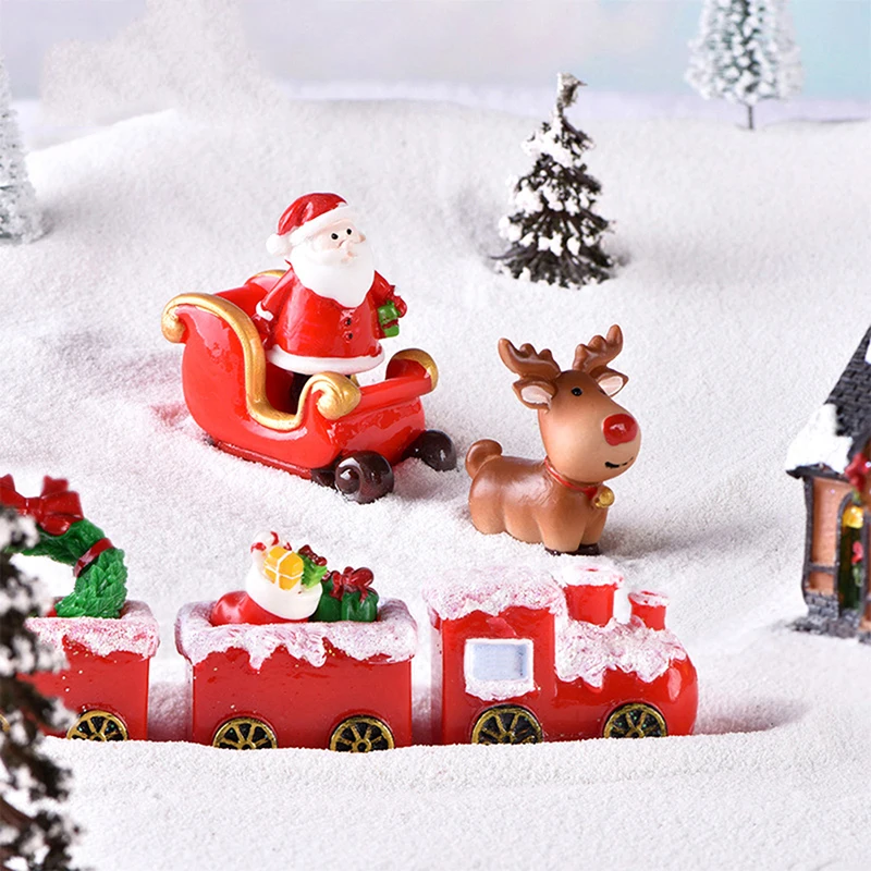 1Pc Christmas Miniature Santa Claus Sled Reindeer Gift Train Terrarium Figurines Fairy Garden Decor Snow Landscape Model