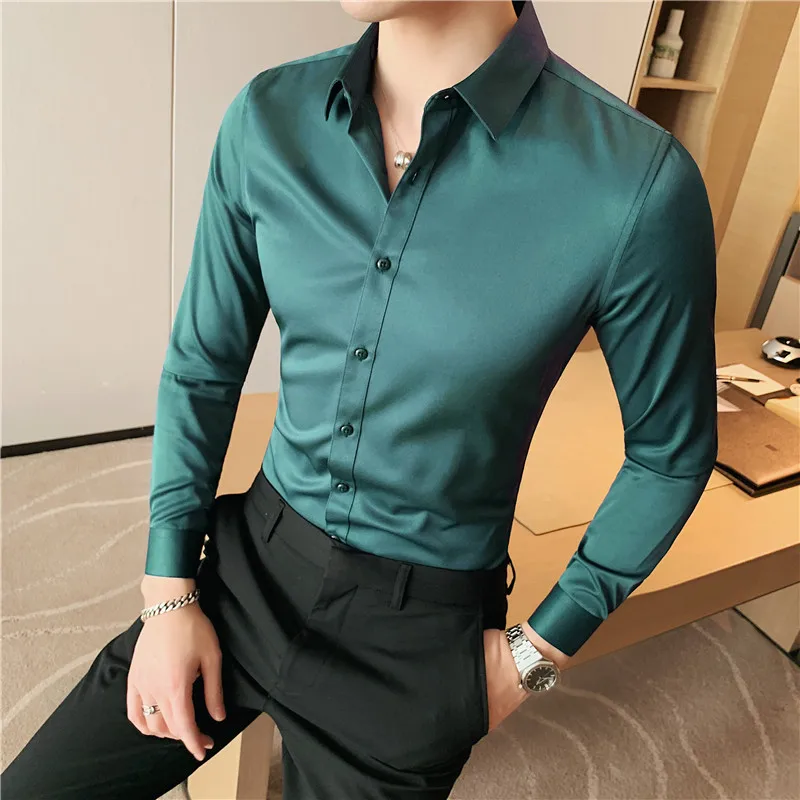 High Quality New Solid Dress Shirt Men Long Sleeve Fashion Slim Male Social Casual Business Shirt Black White Green Dress Shirt