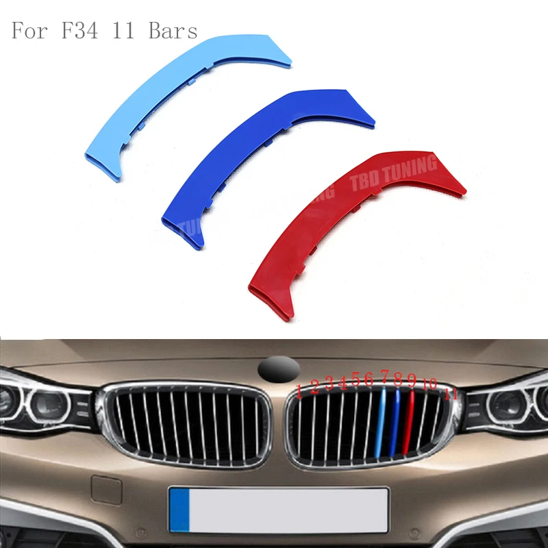 For BMW 3Series GT F34 F30 2012 2013 2014 2015 2016 2017 3Pcs Tri-Color Front Grille Trim Strip Cover Bumper Strips Cover Sticke