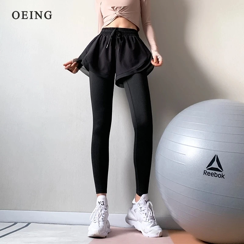 Women High Waist Yoga Pants Fake 2 IN 1 Two Pieces Leggings High Elastic Gym Fitness Running Tights Exercise Leggings Sportswear