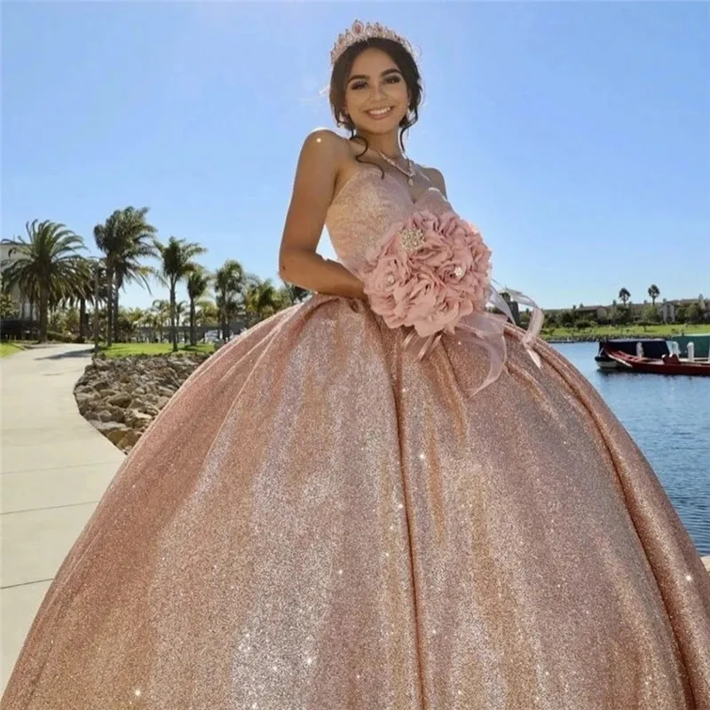 Rosa de ouro quinceanera vestidos 2021 querida lantejoulas doce 15 16 vestido sem costas inchado saia birhtday festa baile vestido baile baile vestido