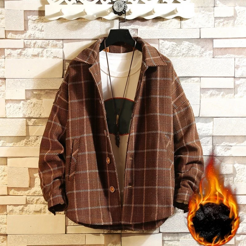 

Style Korean Plaid Spliced Jackets Mens Casual Short Loose Pockets Turn-Down Collar Single Breasted Plus Cashmere Warm Coat