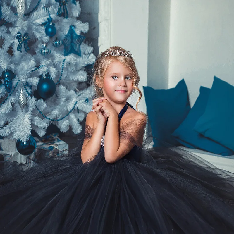 Navy Blue Flower Girls Tutu Dress for Wedding Big Crystal 1-14 Year Princess Toddler Baby Girls Birthday Party Clothes for Kids