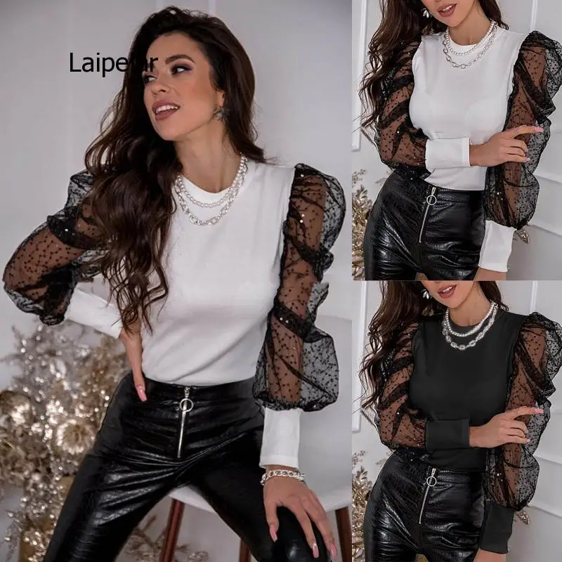 Lace Women Sequin Stitching Shirt Patchwork Long Sleeve O-neck Solid Color Blouses Elegant Satin Silk Women's Shirt