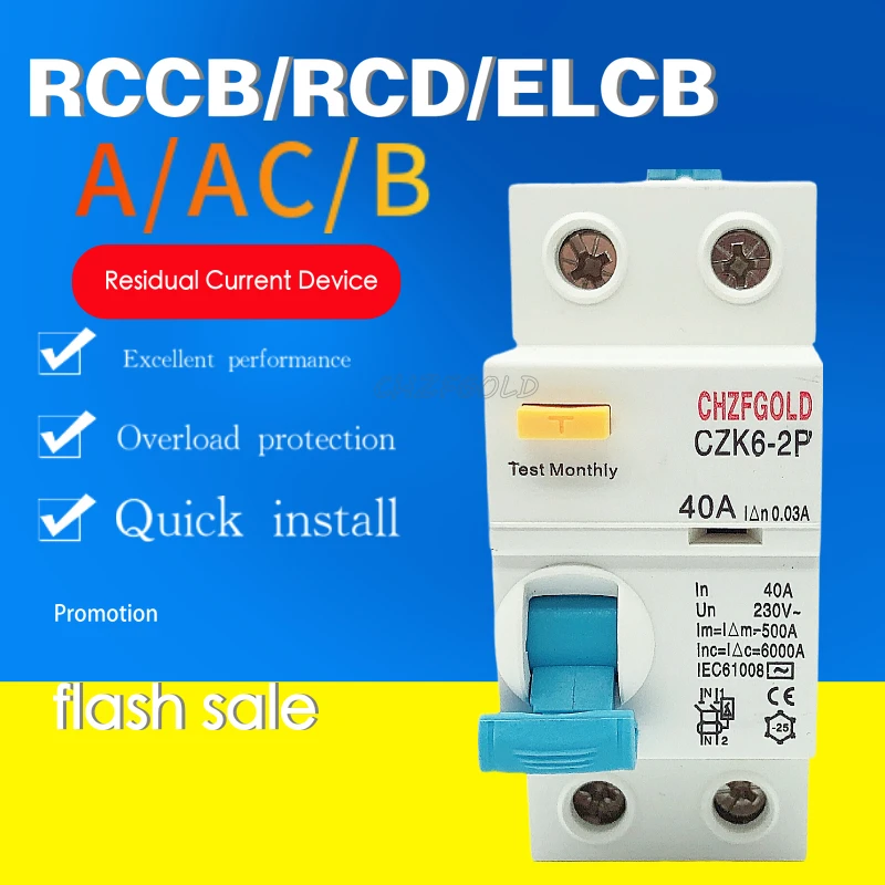 

Chzfgoldbattery Тип B автоматический выключатель остаточного тока Тип A/ AC 2P 4P RCCB RCBO MCB защита от утечки