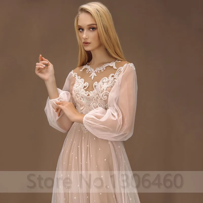 Thinyfull Robe de mariée A Line Dot Tulle Wedding Dress Long Puffy Sleeve Sheer O Neck Appliques Lace Floor Length Bride Gown