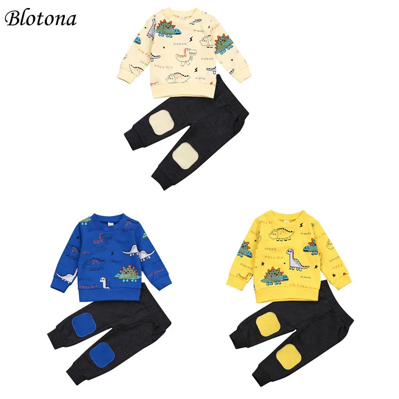 

Blotona Hot Sale Baby Long Sleeve Pullover Top+Trousers Dinosaur Print Elastic Waist Pants Classic Round Neck Spring Clothes Set