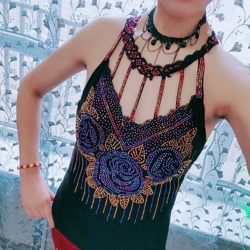Bling Rhinestone Vest Rose Flowers Pattern Female High Elastic Halter Cotton Sexy Colorful Decorative All-Match Sling Vest