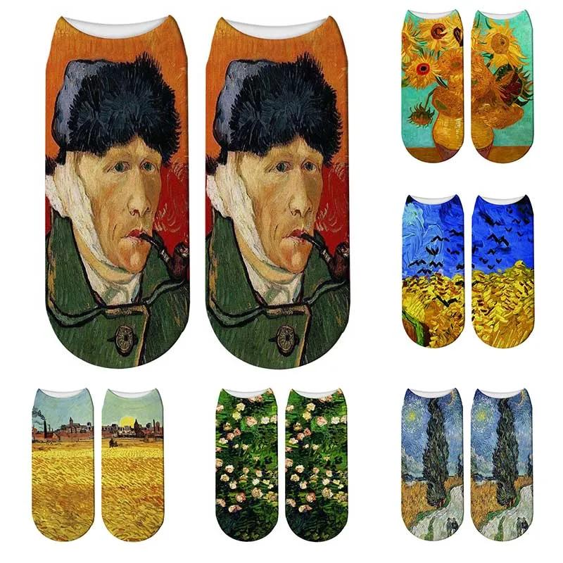 

3D Women Autumn Cotton Socks Van Gogh Oil Painting Starry Night Sunflower Wheat Field Self Portrait Art Pattern Low Ankle Socks