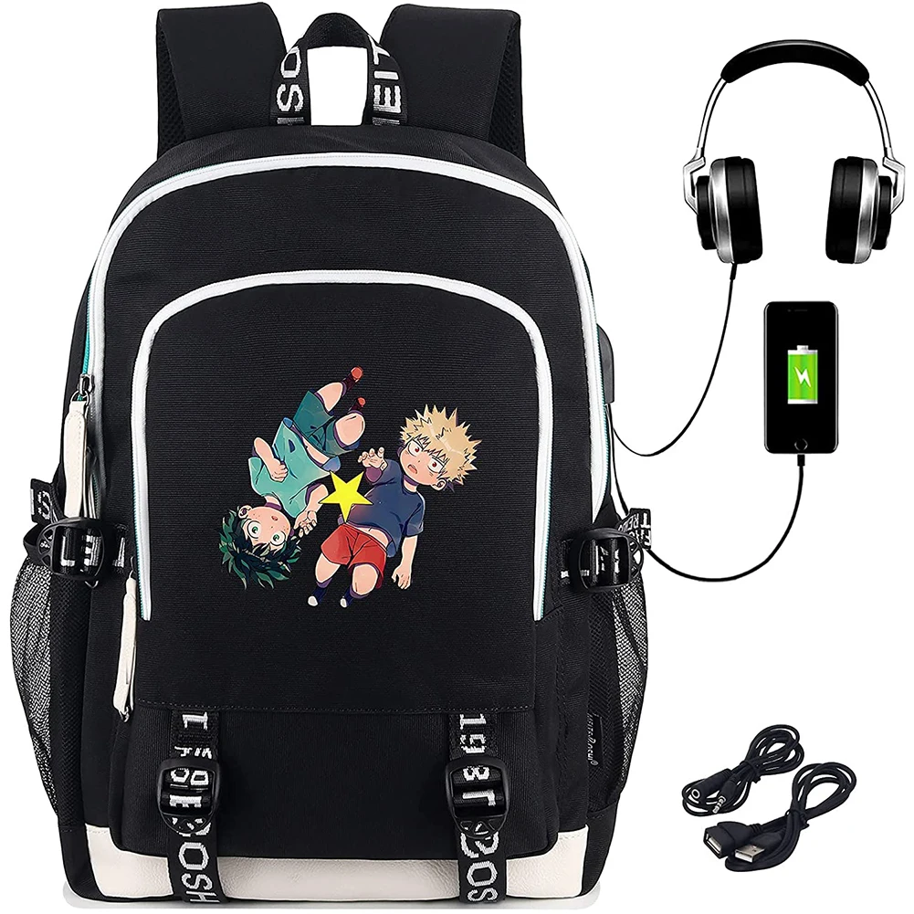 My Hero Academia Backpack With USB Charging Port MHA Cosplay Bookbag for Boys Girls Deku Printed College School Bag