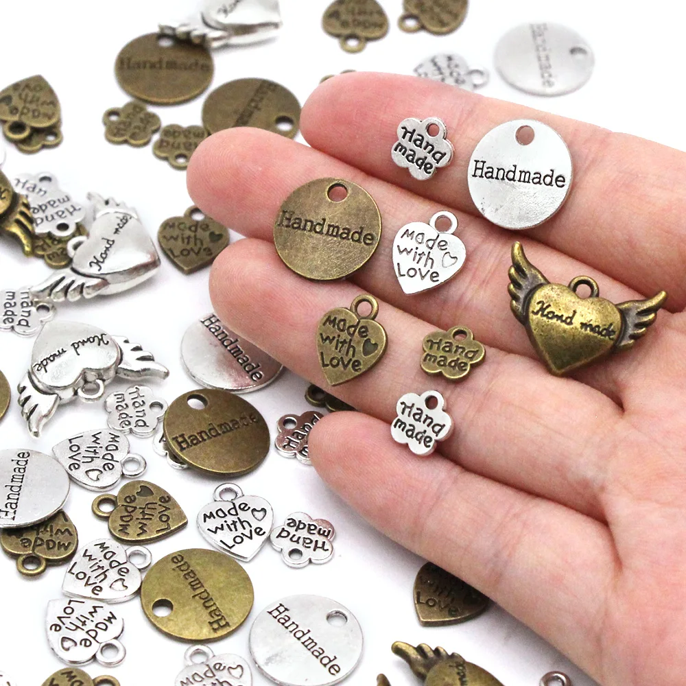 Metal Labels Heart Flower Round Handmade Labels Silver Bronze Alloy Charm Hand Made With Love Tags For Clothing Accessories