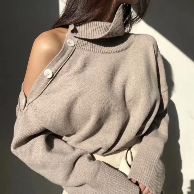 2019 Winter Women Turtleneck Knitted Knit Sweaters Solid Casual Cold Shoulder Pullover Jumper Autumn Basic Sweater For women