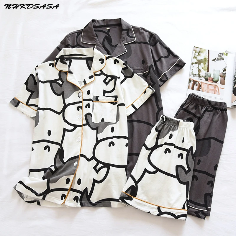 

Couple Pure Cotton Short-Sleeved Shorts Pajamas Women 2021 Summer New Two-Piece Cute Calf Female Loose Simple Home Service Set