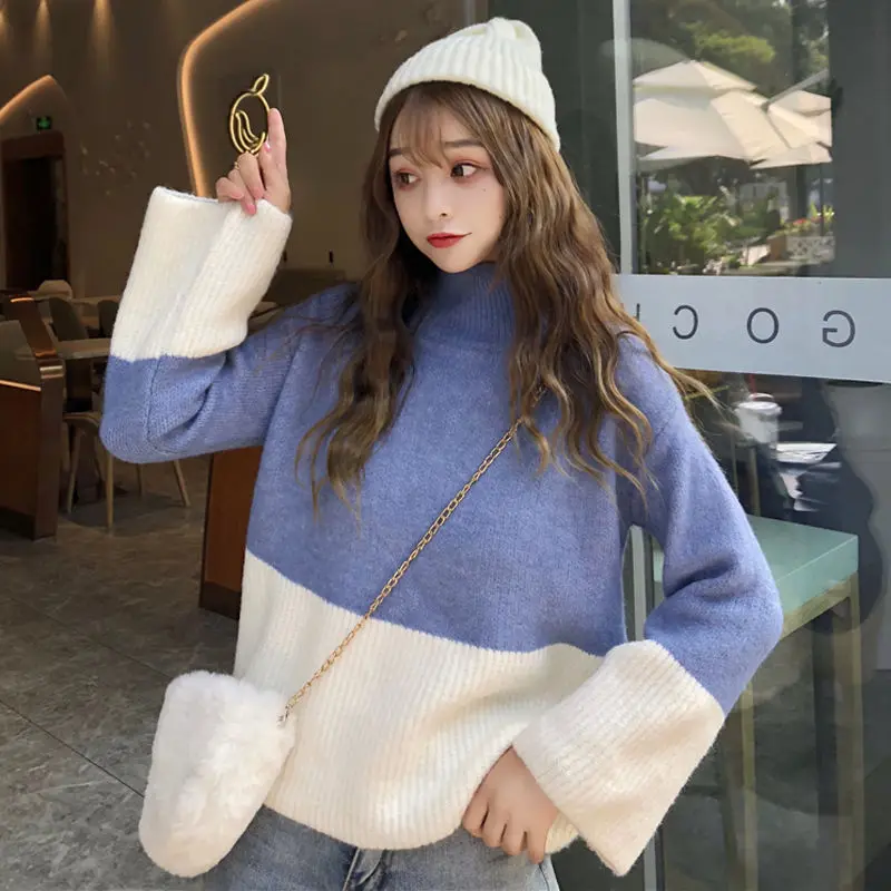 Thickened semi-high-necked sweater schoolgirl autumn/winter loose-fitting head-to-toe knitwear jacket