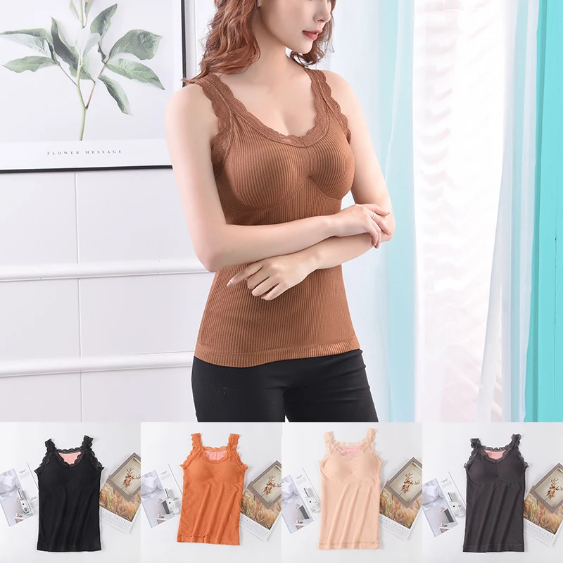 

Vest with Pads Elastic Shoulder Straps Ladies Thermal Underwear Thicken Plus Fleece Warm Top Women Seamless Velvet Sling