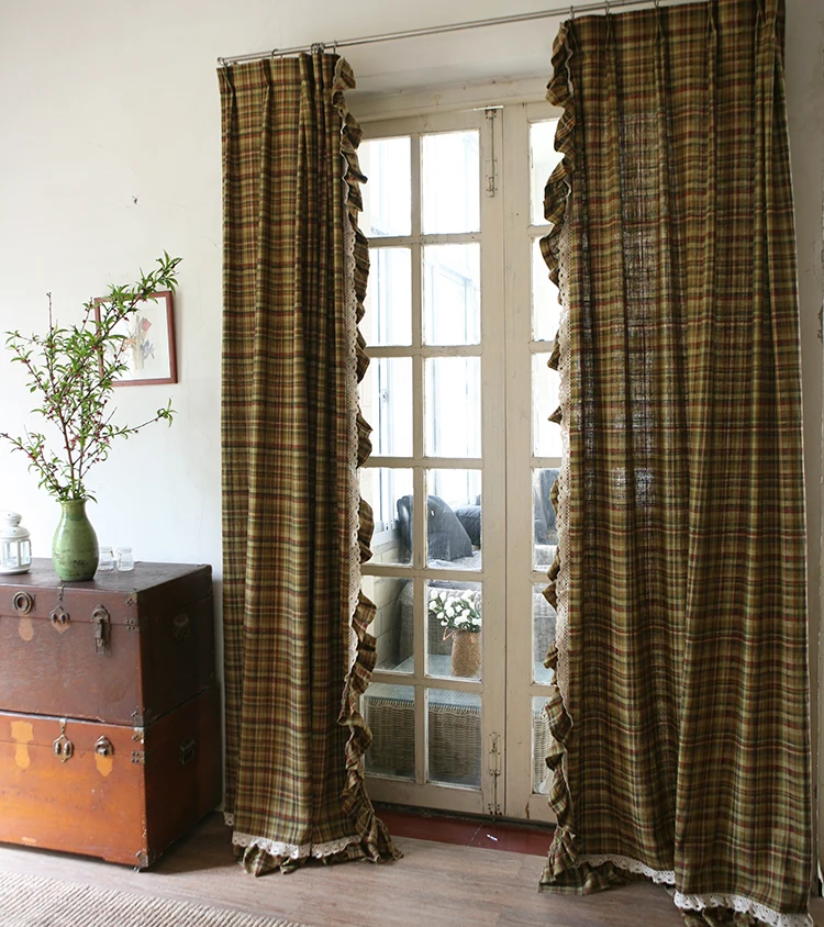 High end Natural Linen Lattice Curtains,Rural Cotton Hemp Curtain, Semi-Blackout Ruffle Plaid Cortinas for Living Room Bedroom