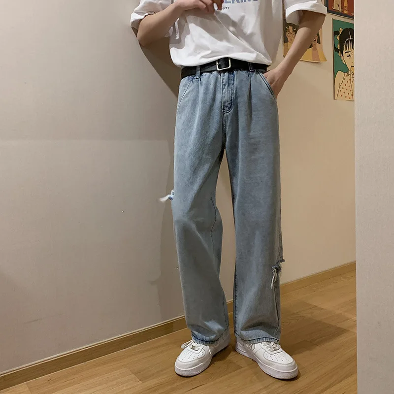 ICCLEK Men's Wide Leg Jeans Autumn Thin Men's Pants Loose Straight Pants Black Ripped Jeans  Men Jeans  Jeans