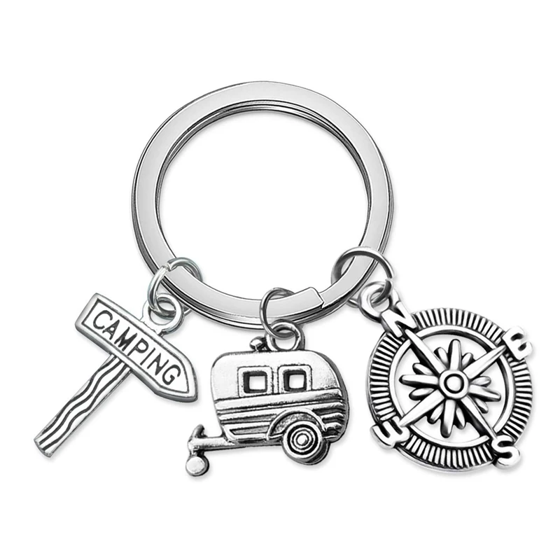 Camper Key Chains Trailer RV Mini Camper Camping Street Signs Compass Charm Keychain Gifts